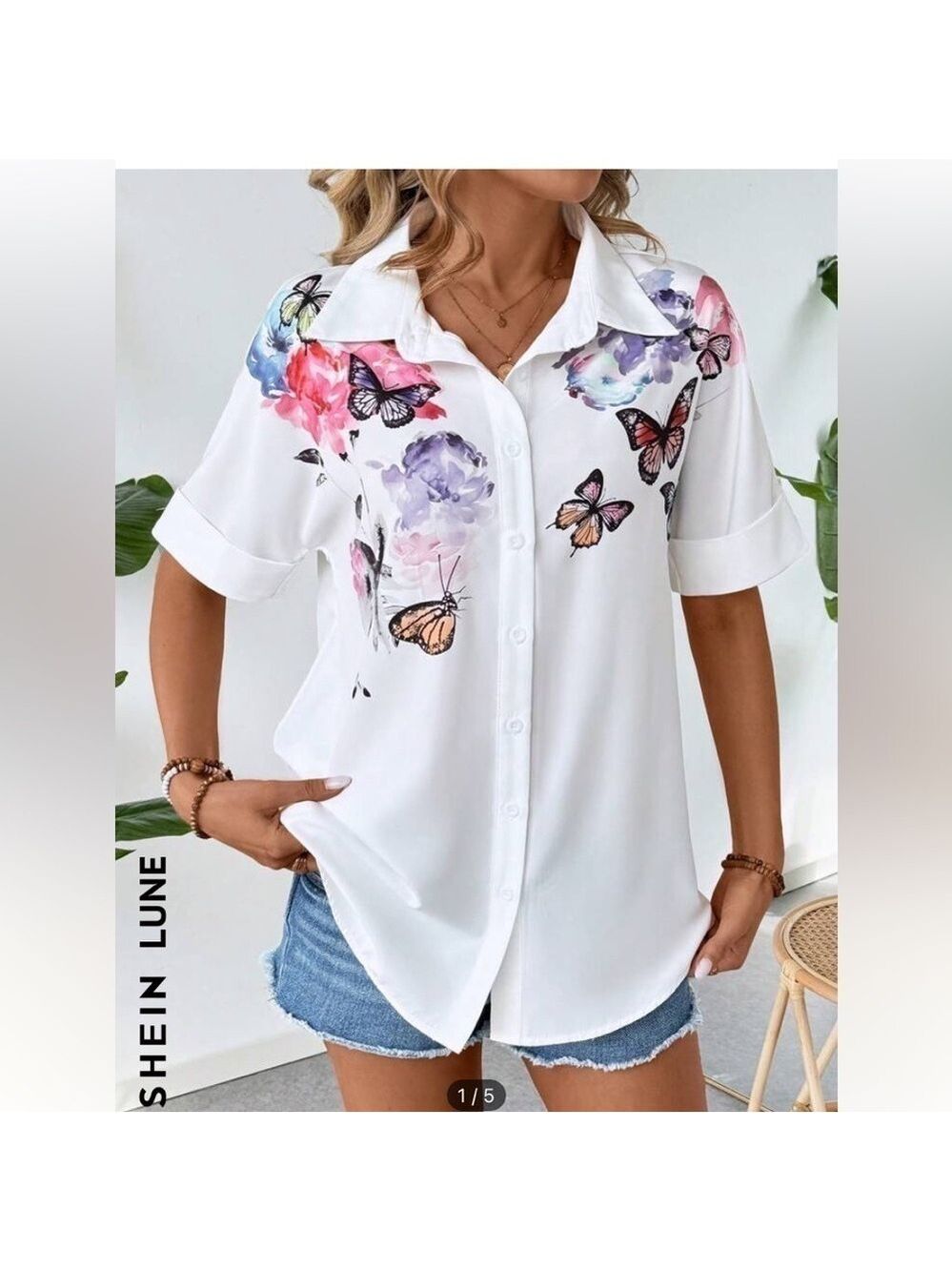 SHEIN LUNE Summer Basic White Open Front Shirt With Butterfly Pattern US 8/10(L)